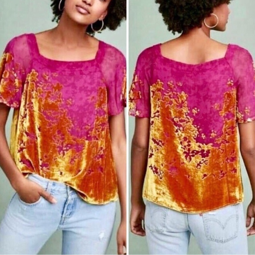 Anthropologie Maeve Top Women S Ombré Shimmer Tee Velvet Burnout Flutter Sleeve